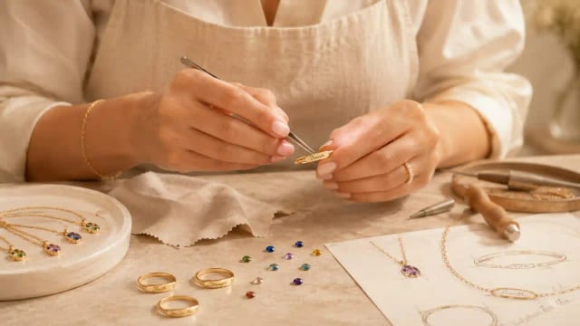 A jeweller setting a stone into an engraved piece at the bench.