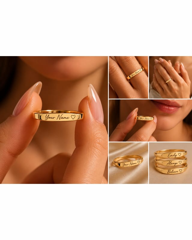The bar name ring held between two fingers and worn on the hand, shown from several angles