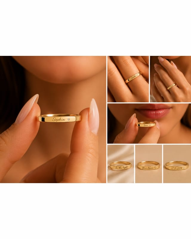 The bar name ring engraved “Sophia”, worn and photographed close up