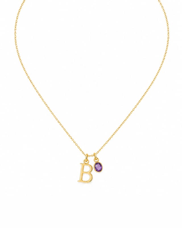 Fine gold-tone chain with a letter B charm and a small purple February amethyst-coloured stone