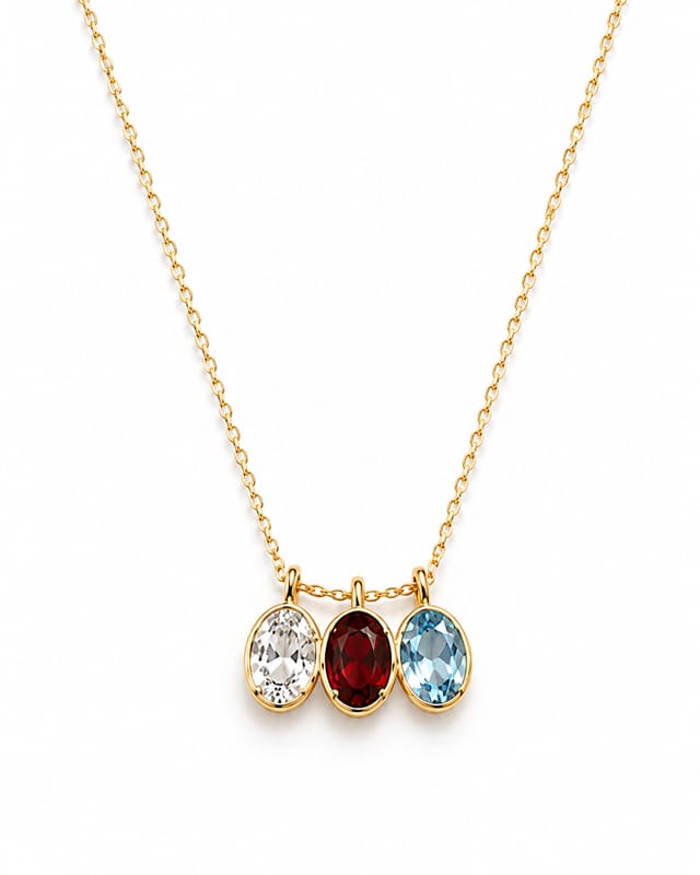 Fine gold-tone chain carrying three bezel-set oval stones — clear April, deep red January and pale blue March
