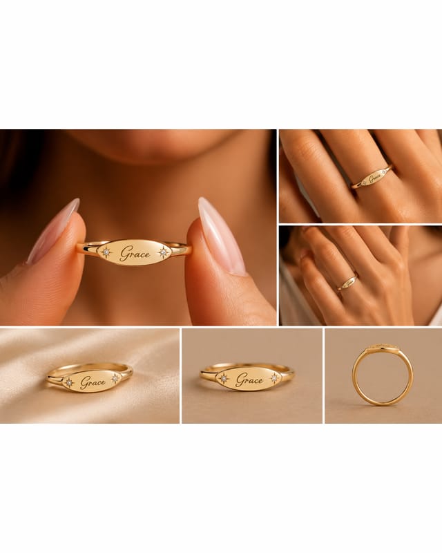 The oval signet name ring worn and held, shown from several angles
